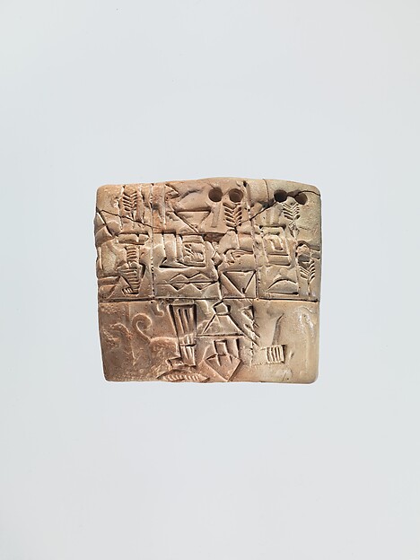 gallery:29194279|verified:yes|Proto-Cuneiform tablet with seal impressions: administrative account of barley distribution with cylinder seal impression of a male figure, hunting dogs, and boars