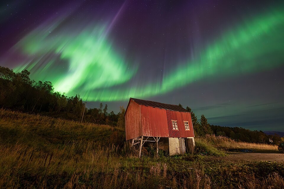 Northern lights curtains and beams over Nordmo in Bjerkvik, Narvik, Nordland, Norway, 2023 September - 3