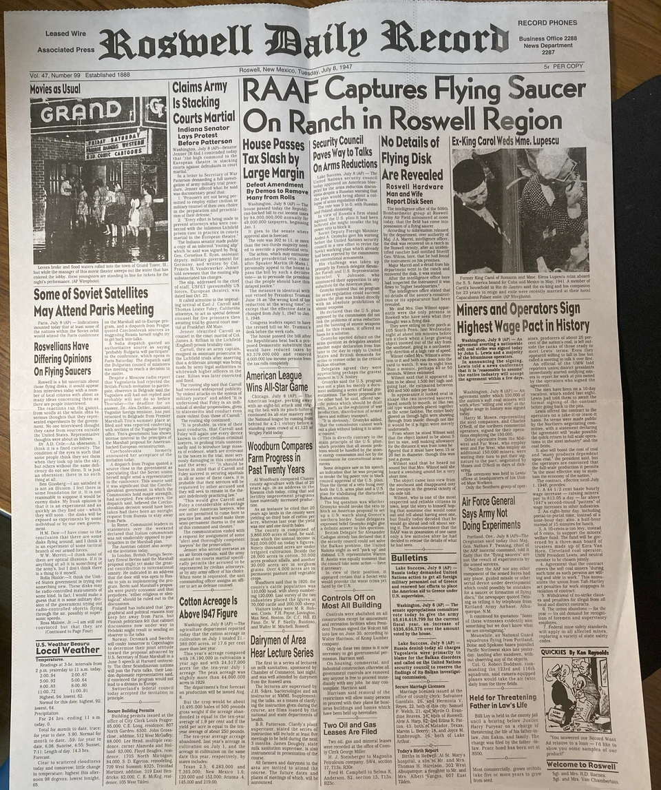 Roswell Daily Record. July 8, 1947. RAAF Captures Flying Saucer On Ranch in Roswell Region. Full page