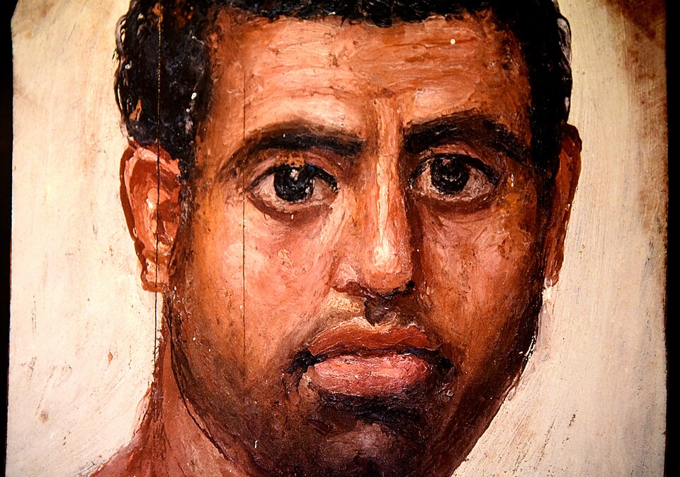 Mummy portrait of a man from Fayum, Hawara, modern-day Egypt. The portrait was painted in encaustic on limewood. Roman, 80-100 CE. The British Museum, London