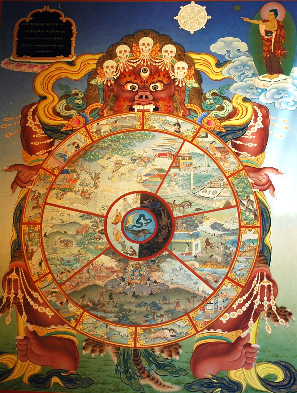 Traditional bhavachakra wall mural of Yama holding the wheel of life, Buddha pointing the way out
