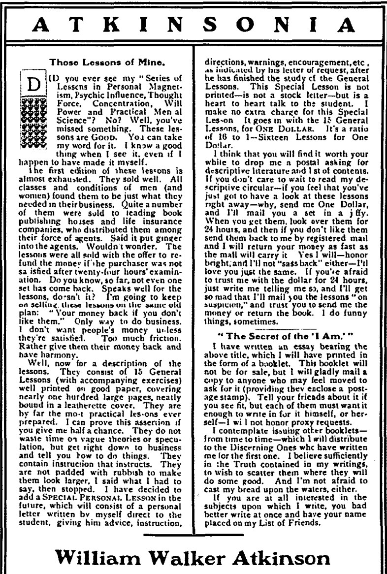 Ad by William Walker Atkinson called Atkinsonia, in Suggestion magazine 1901