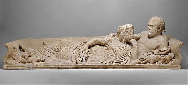 gallery:b65ec93e|verified:yes|Marble sarcophagus lid with reclining couple