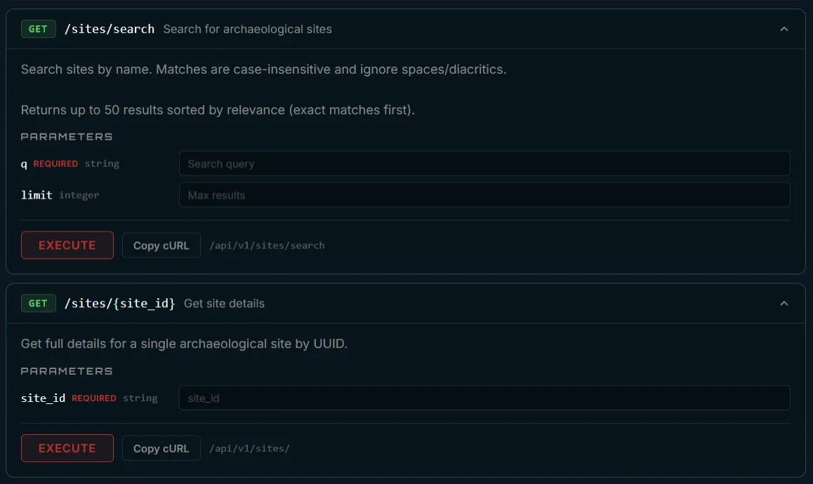 API explorer with parameter inputs and execute button