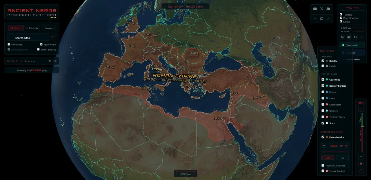 Roman Empire overlay on the globe